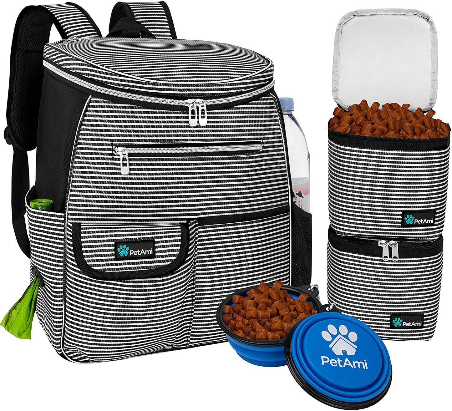 Dog Travel Bag Backpack, Airline Approved Dog Bags for Traveling, Puppy Diaper Bag Supplies, Pet Camping Essentials Hiking Accessories Gift, Food Container, Collapsible Bowls, Stripe Black