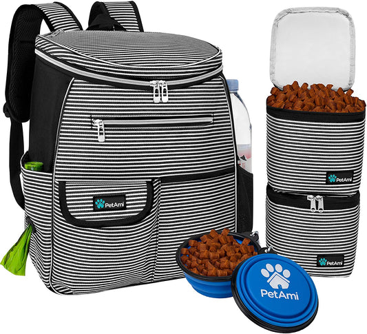 Dog Travel Bag Backpack, Airline Approved Dog Bags for Traveling, Puppy Diaper Bag Supplies, Pet Camping Essentials Hiking Accessories Gift, Food Container, Collapsible Bowls, Stripe Black